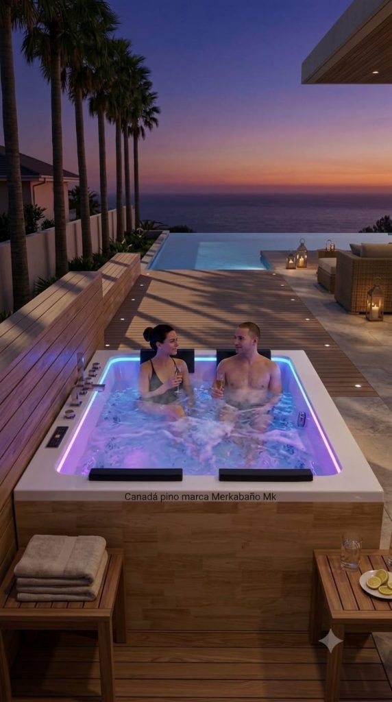 Bañera de hidromasaje MERKABAÑO MK en ambiente de madera natural
